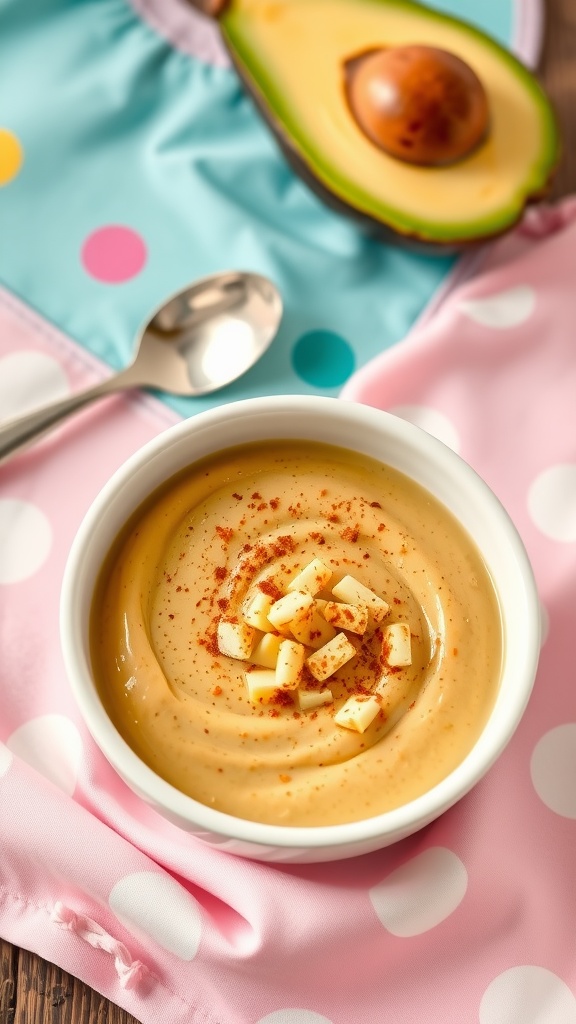 Smooth quinoa puree for infants garnished with avocado, served in a baby bowl with a spoon.
